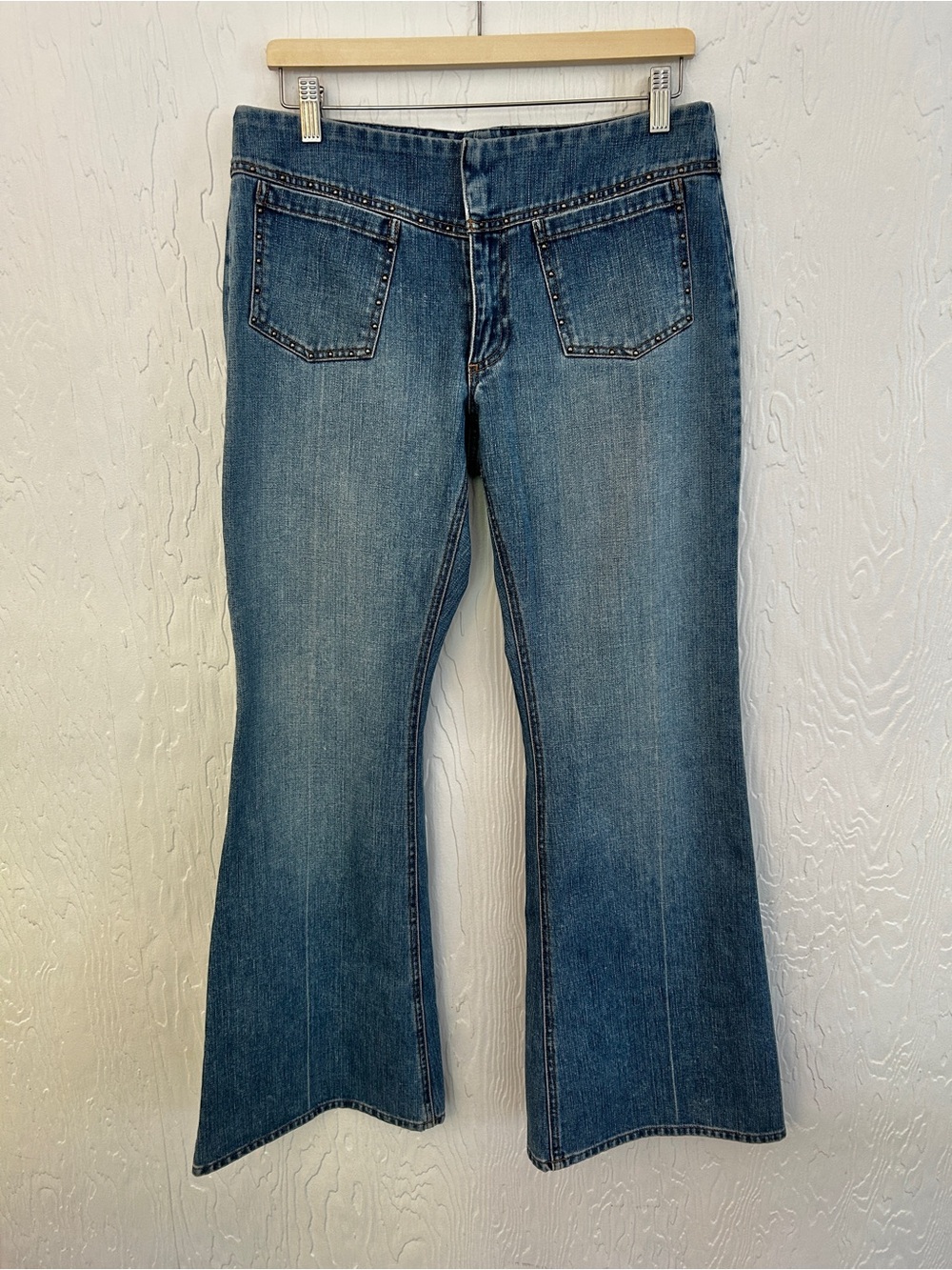 GAP VINTAGE Y2K Low Rise Flare Studded Denim Size 12 Blue Boho Festival 70s